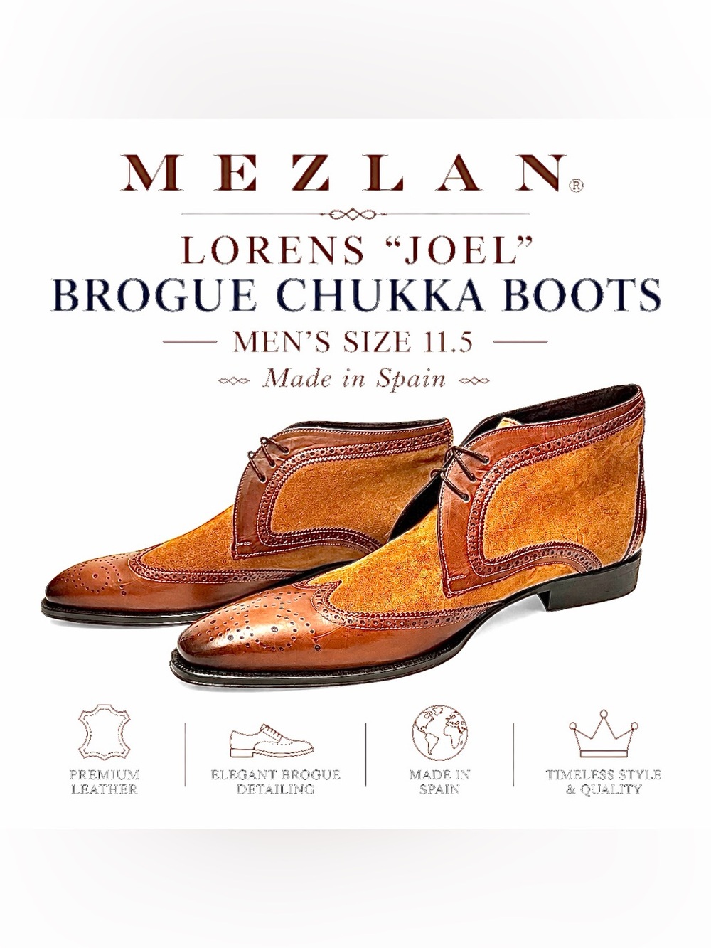 Mezlan Lorens “Joel” Brogue Chukka Boots Men’s Size 11.5 Made in Spain